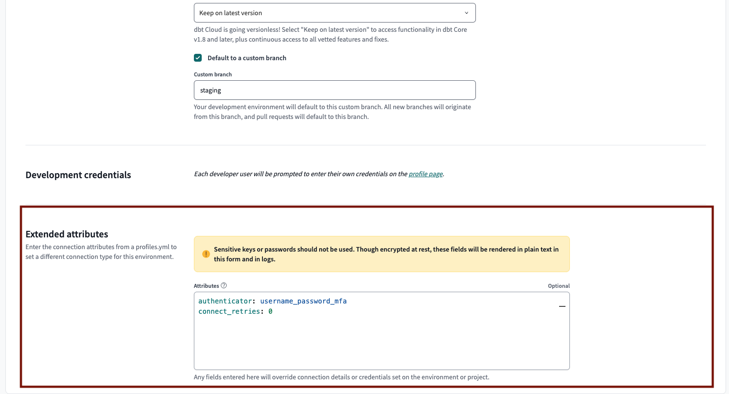 Configure the MFA username and password, and connect_retries in the development environment settings.